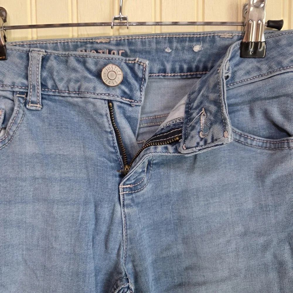 Justice Jeans Girls 14 Blue Mid Rise Super Skinny Distressed Raw Hem Denim